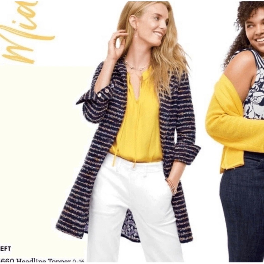 Cabi 5660 Headline Topper Coat in Navy Blue Tweed‎ and Floral, Women's Size 4
